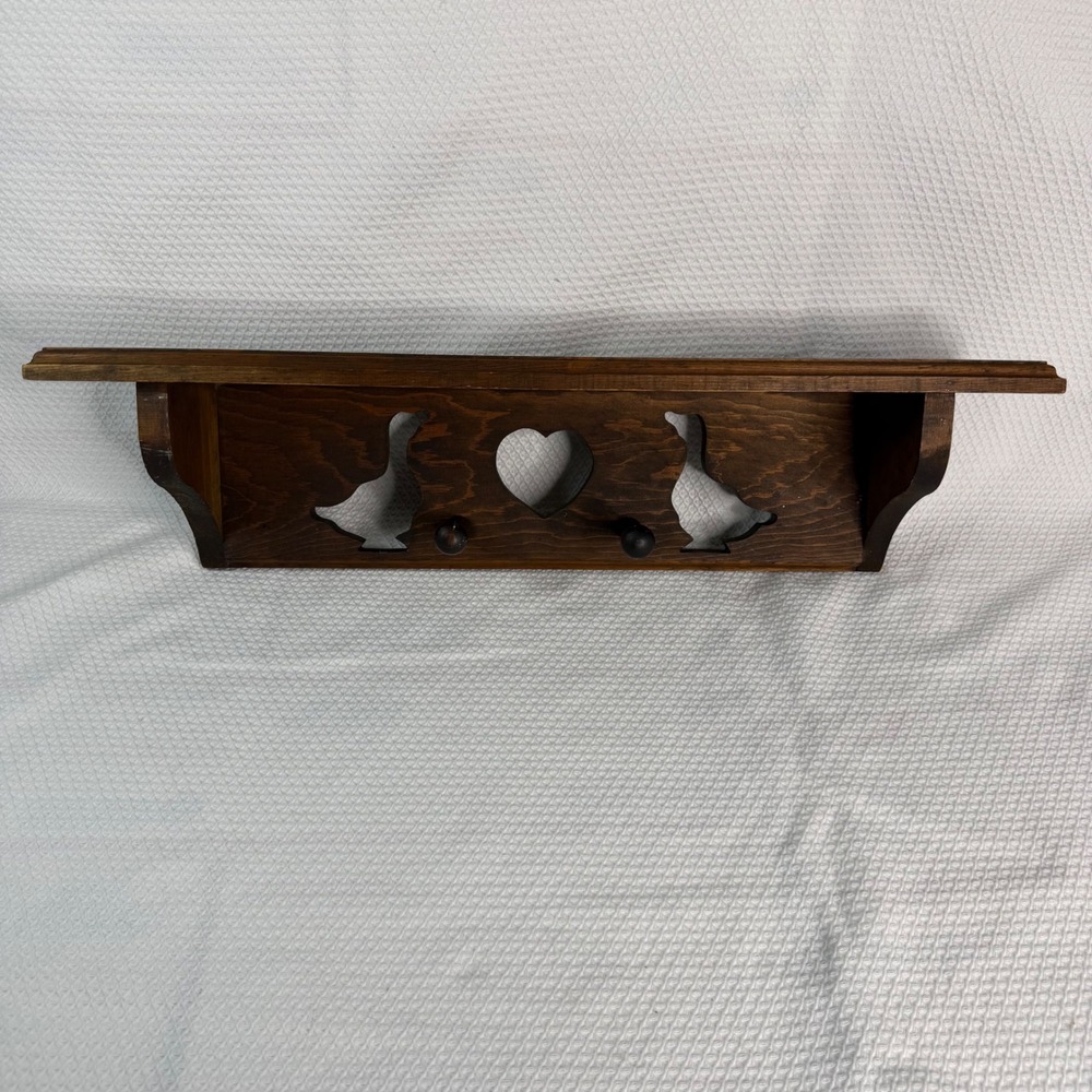VTG RARE Rustic Wood Wall Shelf with Duck Heart Cutouts and Pegs Dark Brown 24in